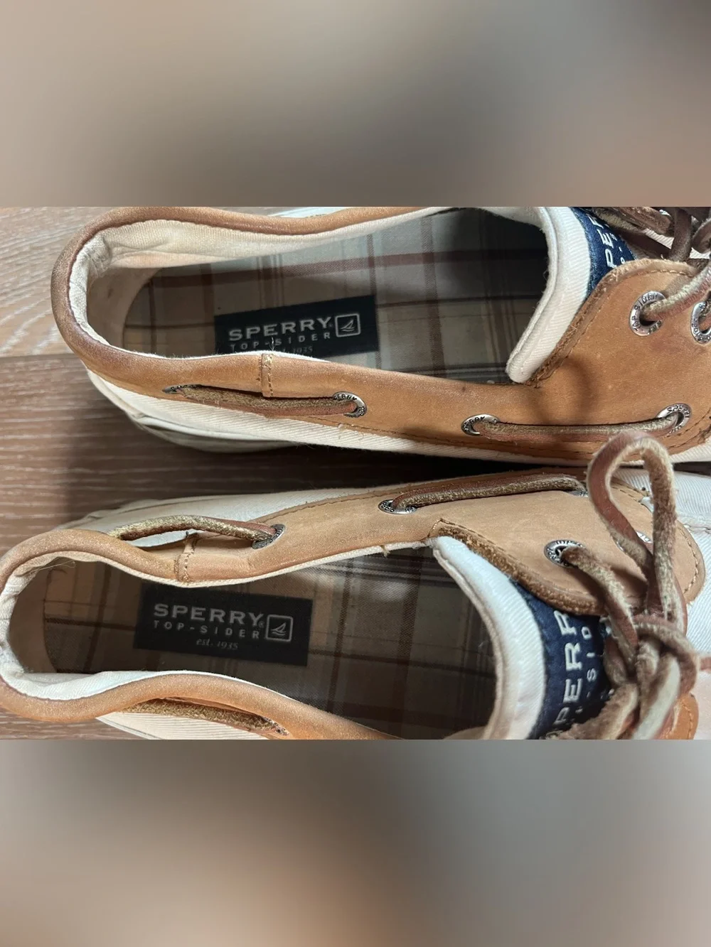 Sperry Top-Sider Men’s Boat Shoe cream canvas & brown leather Size 8.5